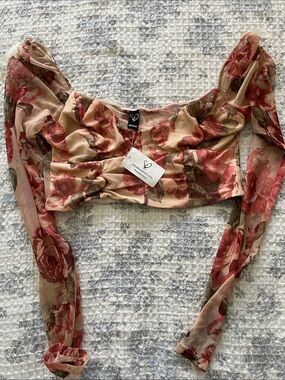 Windsor Rose-Print Long Sleeve Mesh Crop Top - Beige & Rose
